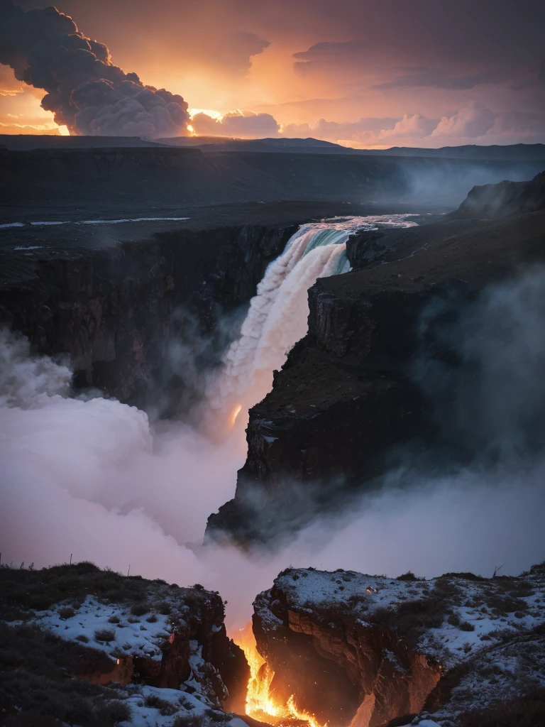 arafed view of a waterfall in a canyon with a colorful sky, by Arnie Swekel, snowy canyon at dawn, mesmerizing, huge chasm, deep chasm, colorful ravine, breath taking, mystical setting, canyon, amazing depth, breathtaking shot, incredibly beautiful, pink waterfalls, the planet is warm with canyons, sunrise light, warm glow, arafed house in a field with a large plume of smoke coming out of it, thunderstorm and fire, photo epic of the year, winner of the year's best photo, houses on fire, amazing volcanic eruption, house on fire, explosive storm, during a storm, apocalyptic event, harrowing apocalyptic atmosphere, fire from sky, building on fire, national geographic photo”