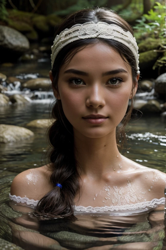 Best Quality, Masterpiece, super high resolution, A super model submerged in hot springs in Japan., outdoor hot springs, stone hot springs, surrounded by moss and trees, super beautiful face, pure body, clear pores visible, (SMILE:0.8), using division (lace headband:1.2), (realism:1.5), Photo original, soaked body, covered in sweat, bare shoulders, in the dark, deep shadows, low key, cold light