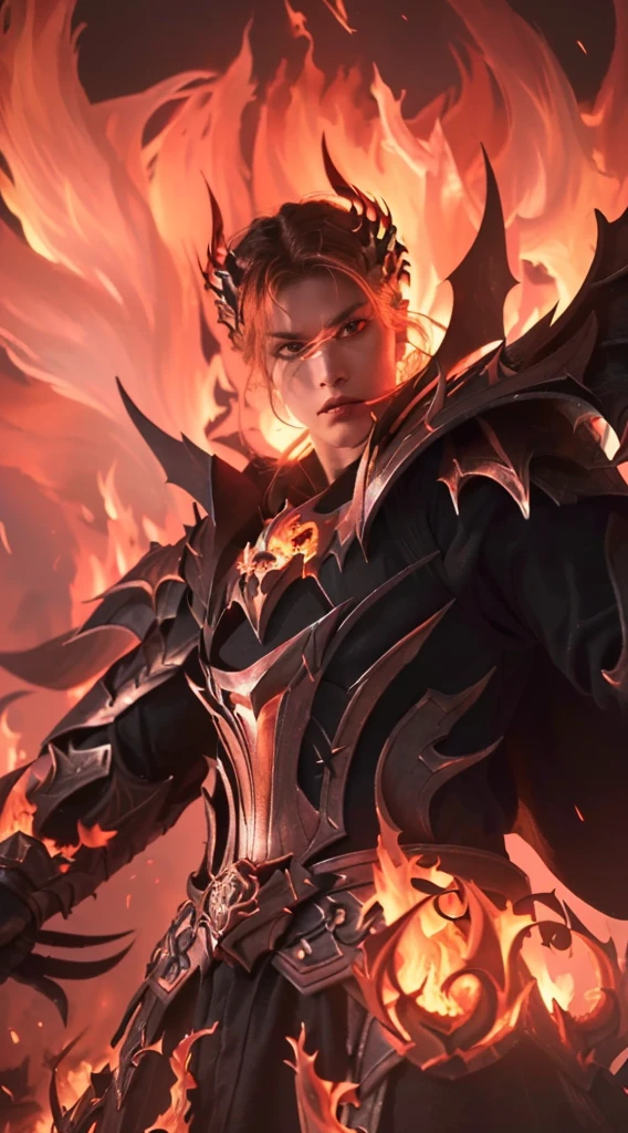 a close up of a man with a sword and a fire, ruler of inferno, infernal enigma, dragon knight, the former demon king, demon male, portrait of hades, (best quality,4k,8k,highres,masterpiece:1.2),ultra-detailed,(realistic,photorealistic,photo-realistic:1.37),highly detailed face and eyes,extremely detailed facial features,extremely detailed eyes,sharp focus,physically-based rendering,vivid colors,dramatic lighting,dark fantasy,dark art,chiaroscuro,dramatic color palette,cinematic lighting,moody atmosphere,mystical,occult,supernatural,dark powers,demonic,hellfire,infernal,scorching flames,blazing fire,glowing embers,intense shadows,dramatic pose,powerful stance