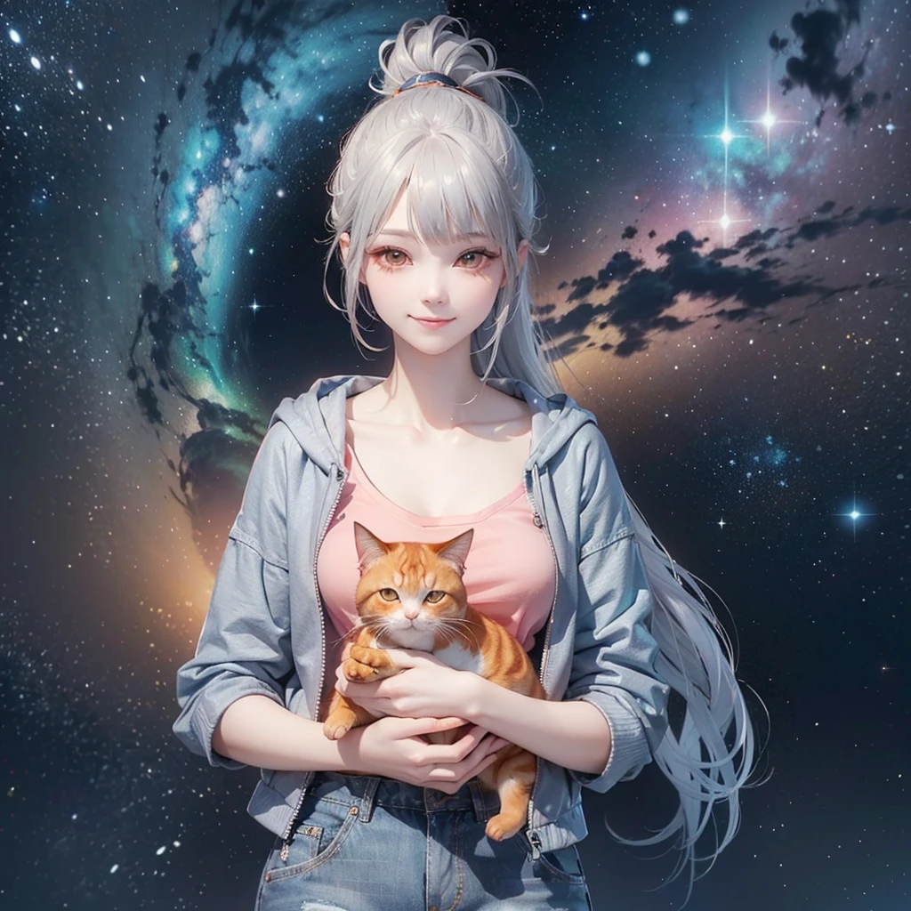 (((Holding a cute orange fat cat with super short legs in both hands，Correct anatomy)))，((Highest quality，masterpiece，一位Mature美女，Super thin air parted bangs，Blue gray high ponytail super long straight hair，Double sideburn curly hair，Hair ends curled in，Gray powder clothes，Light blue denim gray hooded jacket，Exposed clavicle))，((Mature，Smile slightly，Look at the camera head-on))，starry sky galaxy background