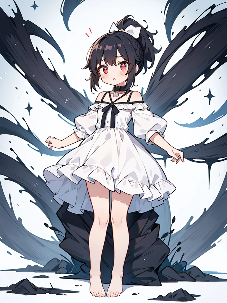 collar,Correct human body structure,perfect,Black ponytail,((young cute girl)),Full body pictures,alarmed,blush,Torn white dress,bare legs bare feet