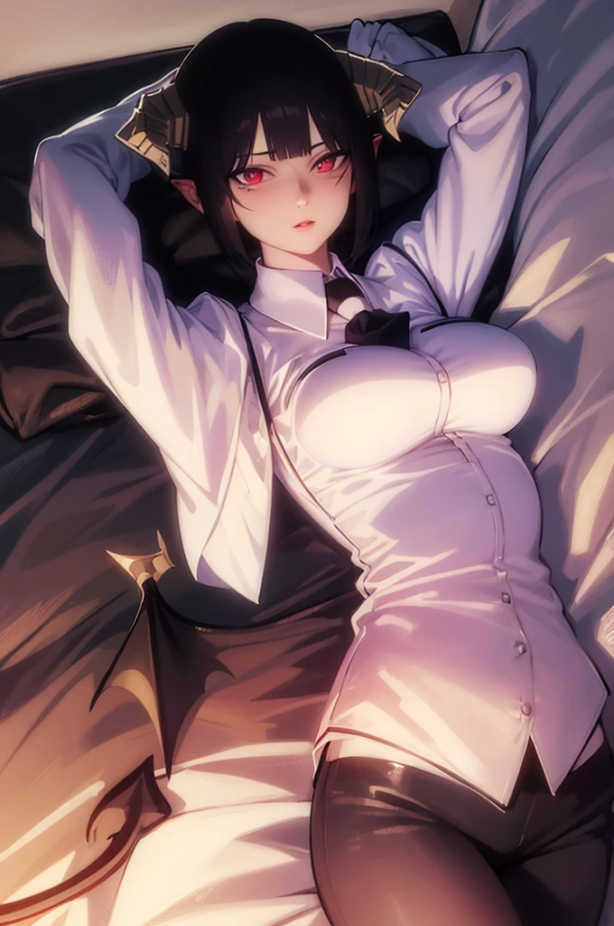 work of art, best qualityer, high resolution, 1girl horns short hair demon tail, white shirt black ascot black gloves black pants black vest lying on your back, sheet, arms up,blushed,face red,Hands behind the head,ssmile
