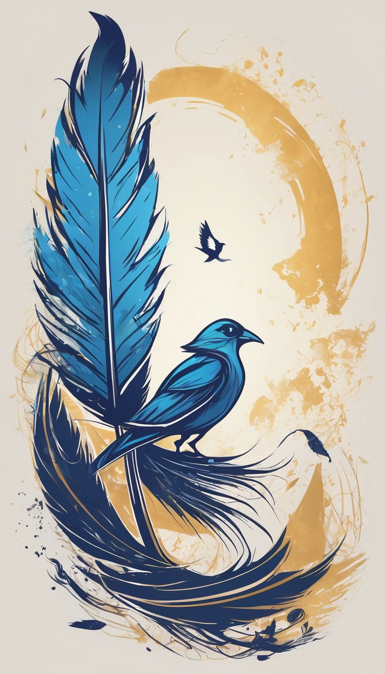 Create a minimalistic, simple, fantastic, easy to understand, logo design of a boy and a feather for an upcoming Role Playing Game called " Penamemoria". The game is about a world of bird and feathers and the inspirational, creative journey of a boy and his acoustic guitar. A boy enters that world and discovers his true artistic identity. Create a logo design that transmits the essence of this videogame and this world. It´s a fantasy game, with fantasy elements. Create the minimalistic logo in the center and a fantasy theme as background. Use the colours blue, white, light golden in the logo.
