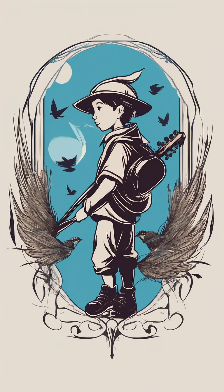 Create a minimalistic, simple, fantastic, easy to understand, logo design of a boy and a feather for an upcoming Role Playing Game called " Penamemoria". The game is about a world of bird and feathers and the inspirational, creative journey of a boy and his acoustic guitar. A boy enters that world and discovers his true artistic identity. Create a logo design that transmits the essence of this videogame and this world. It´s a fantasy game, with fantasy elements. Create the minimalistic logo in the center and a fantasy theme as background. Use the colours blue, white, light golden in the logo.