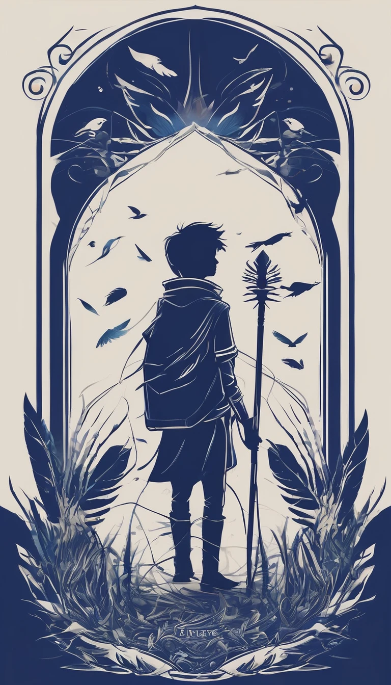 Create a minimalistic, simple, fantastic, easy to understand, logo design of a boy and a feather for an upcoming Role Playing Game called " Penamemoria". The game is about a world of bird and feathers and the inspirational, creative journey of a boy and his acoustic guitar. A boy enters that world and discovers his true artistic identity. Create a logo design that transmits the essence of this videogame and this world. It´s a fantasy game, with fantasy elements. Create the minimalistic logo in the center and a fantasy theme as background. Use the colours blue, white, light golden in the logo.