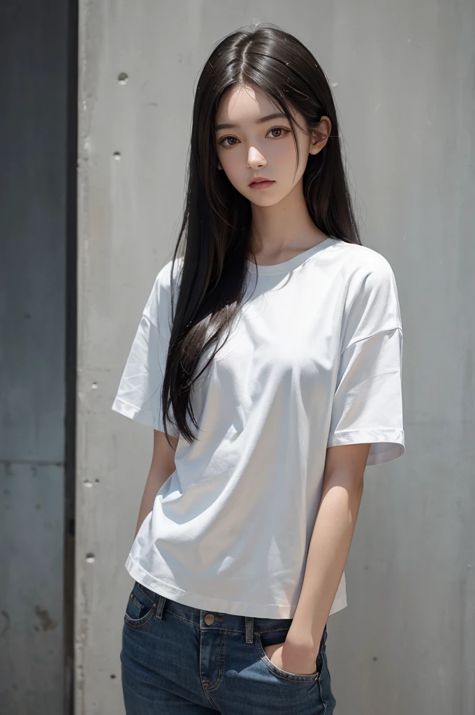 20 year old girl, blue short jean, white shirt, long hair, high contrast (Natural skin texture, Hyperrealism, Soft Light, sharp), portrait, standing