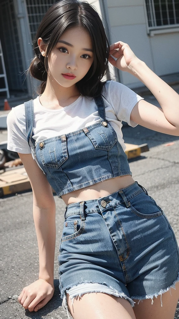 Girl in white good and tight denim skirt posing for photo, whole body, Cropped T-shirt, good, The body is slim, Small Bust, Slim girl model, 24 year old female model, Lying on a construction site,