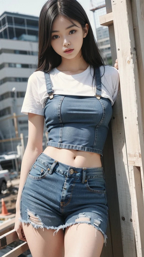 Girl in white good and tight denim skirt posing for photo, whole body, Cropped T-shirt, good, The body is slim, Small Bust, Slim girl model, 24 year old female model, Lying on a construction site,