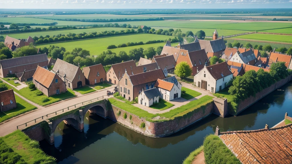 Beautiful scenery of ancient Dutch village. Aerial view, Photorealistic photos. High definition