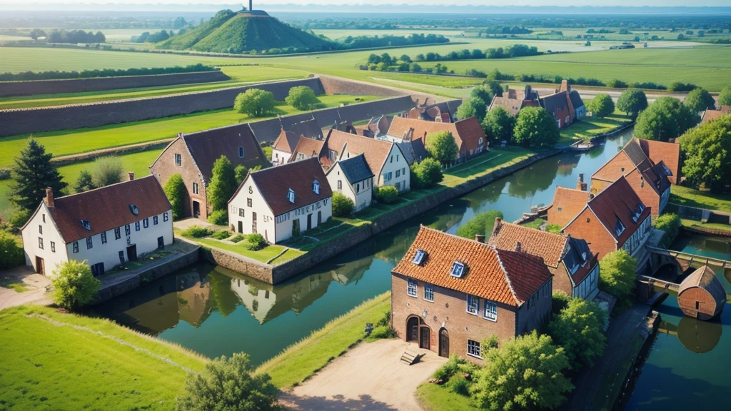 Beautiful scenery of ancient Dutch village. Aerial view, Photorealistic photos. High definition