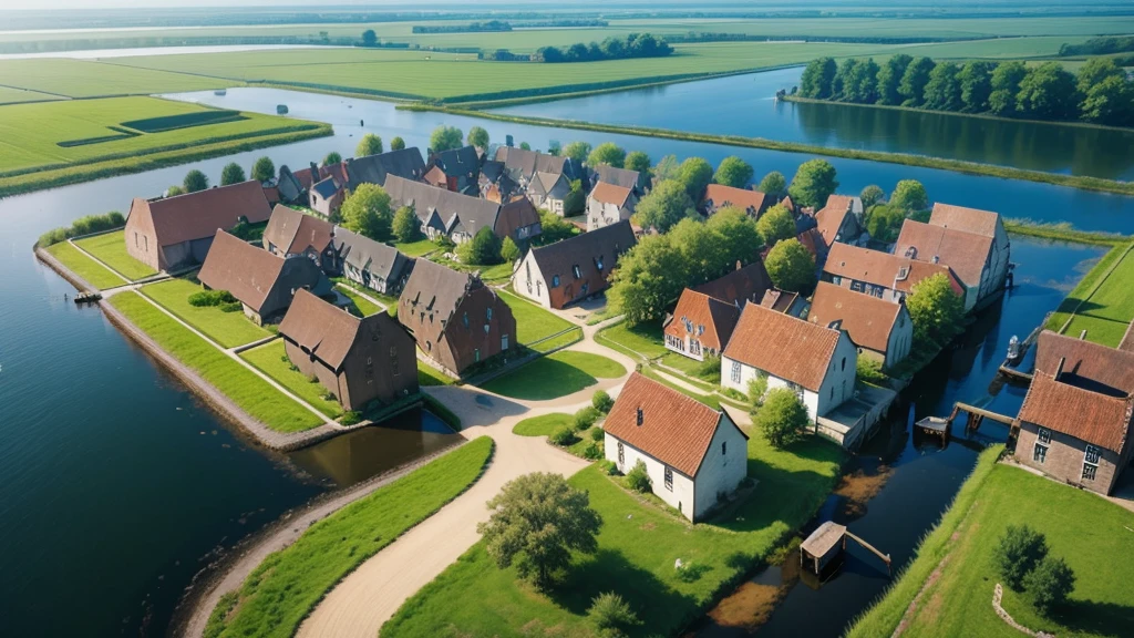 Beautiful scenery of ancient Dutch village. Aerial view, Photorealistic photos. High definition