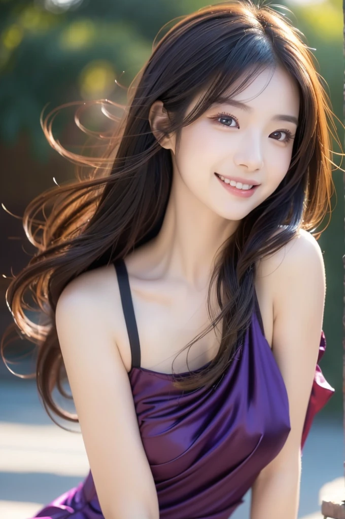 Image resolution 8K、masterpiece:1.3)、Beauty、1 female、(魅力的なBody Type:1.2)、abdomen:1.1、Dark brown hairstyle:1.1、(Body Type:1.2)、Ultra-detailed face、Attractive lips、double eyelid、Wearing a purple silk one-piece dress、Super realistic and super cute in every detail、Japanese、Japanese女性、20th generation(28 years old)、Smile with a beautiful smile、Hair blowing in the wind、color々Hair style、Light shining from behind、Black background、