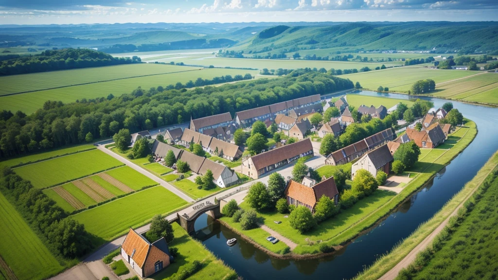 Beautiful scenery of ancient Dutch village. Aerial view, Photorealistic photos. High definition