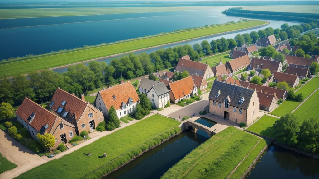 Beautiful scenery of ancient Dutch village. Aerial view, Photorealistic photos. High definition