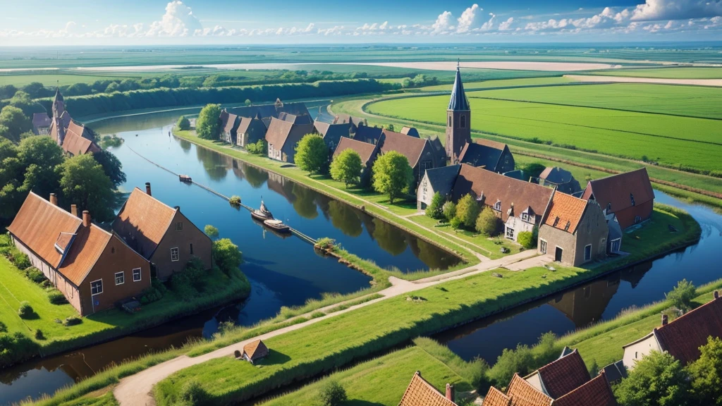 Beautiful scenery of ancient Dutch village. Aerial view, Photorealistic photos. High definition