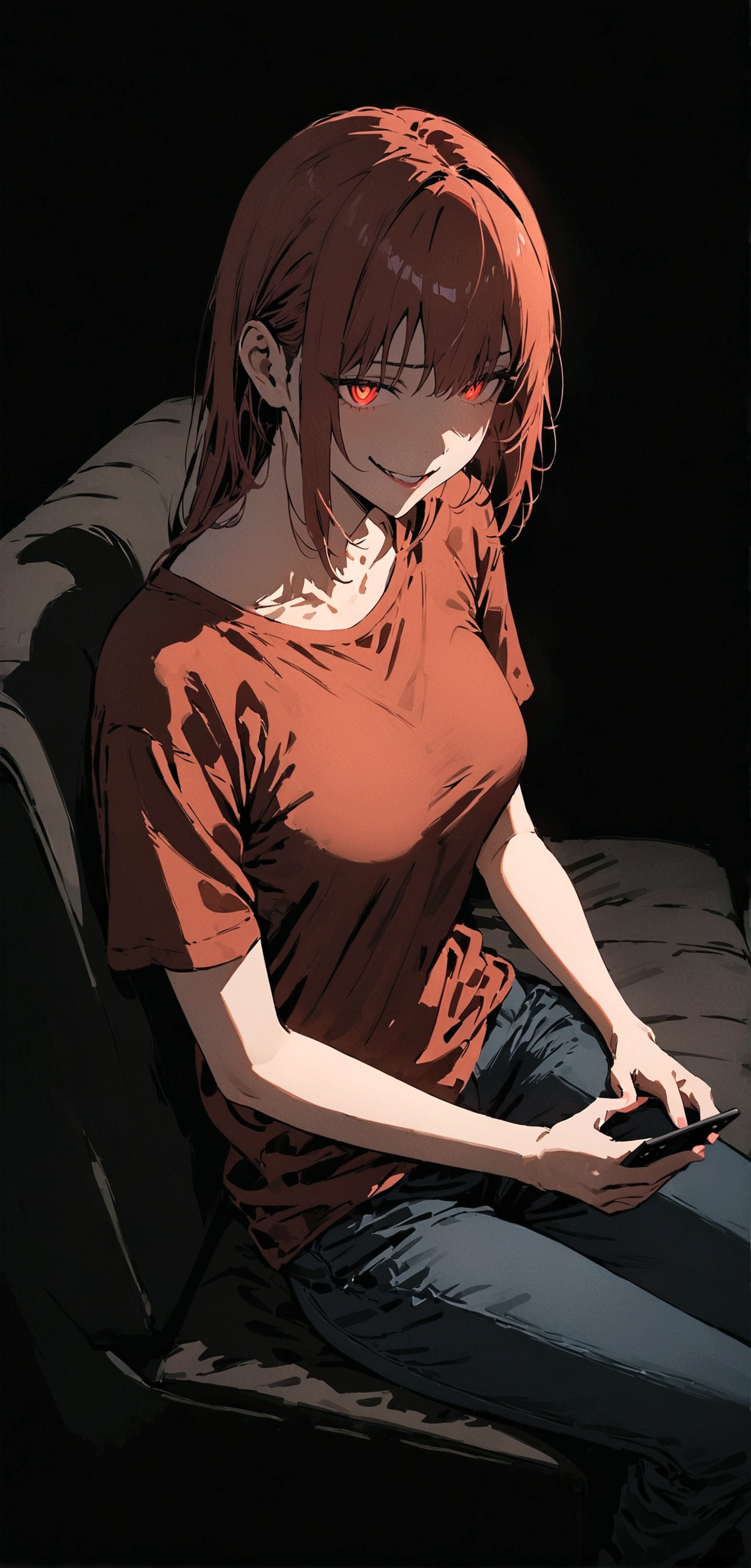 (Masterpiece:1.2, Best Quality), 1 woman, whole body, T-shirt, Casual, medium breasts,by the wide vrojo, minimal makeup,pale,Natural fabrics, closeup face, evil smile, bright red eyes circular pupils,8K high resolution, detailed lines, ((whole body)) female mature body , looking at his cell phone, Sitting on the couch, dark background