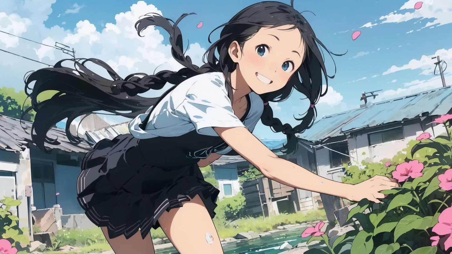 Reasonable design, Clear lines, High Sharpness, (Highest quality,8K,Perfect sharpness,Ultra fine,High resolution,masterpiece:1.2), Perfect Anatomy:1.5, Official Art, Illustrations that tell a story, (Whitish background:0. 9)、Body Positivity、多Mr.な身体表現、(Random and energetic poses)、Perfect beauty、Perfect beautiful face、Strong winds、A rich expression、Dynamic composition、smile、Golden ratio composition、colorful、((Mr.々Different angles and perspectives))、Anime Art、(Mini dress)、(Overcoming stereotypes)、 Glowing Skin、(Natural beauty)、smile、Bangs、(Soft and flowing hair)、(countryside)、(Nostalgic atmosphere)、Put it up to your thighs、(Playful and carefree)、(多Mr.な民族のキャラクター)、(innocent attitude)、(Sunny atmosphere)、(The skirt flutters wildly in the wind)、(Bright colors)、Beautiful Eyes、(Embarrassing)、Braided Hair、Summer Scene、Smiling among flowers、Side angle、