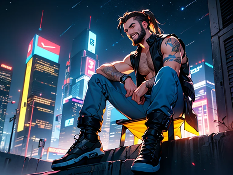 30 years old, male, ponytail, full beard, dark brown hair, sitting on top of a building, smile on face, metallic blue vest, hairy chest, neoprene pants, neon details, worked body, cyberpunk city background, starry sky, night, 4k