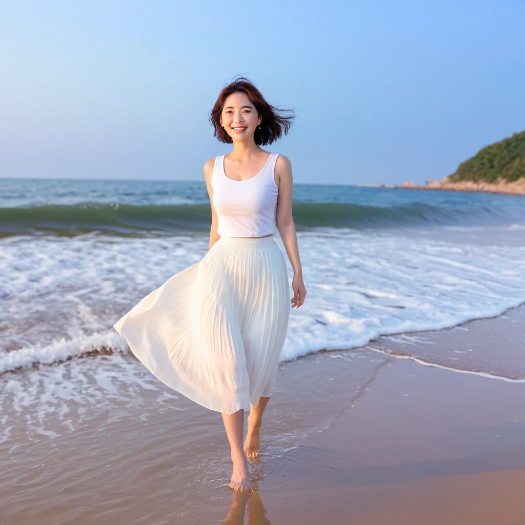 sunset red sun on the beach,A strong lingering scent is reflected in the sea., Beautiful 36-year-old short Korean woman, Chest size 34 inches, Wear white sleeveless, lightweight mid length skirt. beautiful pretty woman look , wearing a light skirt , Go far into the sea water and dip your toes., Short medium hair blowing in the wind, 1 woman, beautiful eyes, Smiling, Full-body photo taken from afar with a wide-angle lens, The background is clean and perfect., the waves are coming, short woman