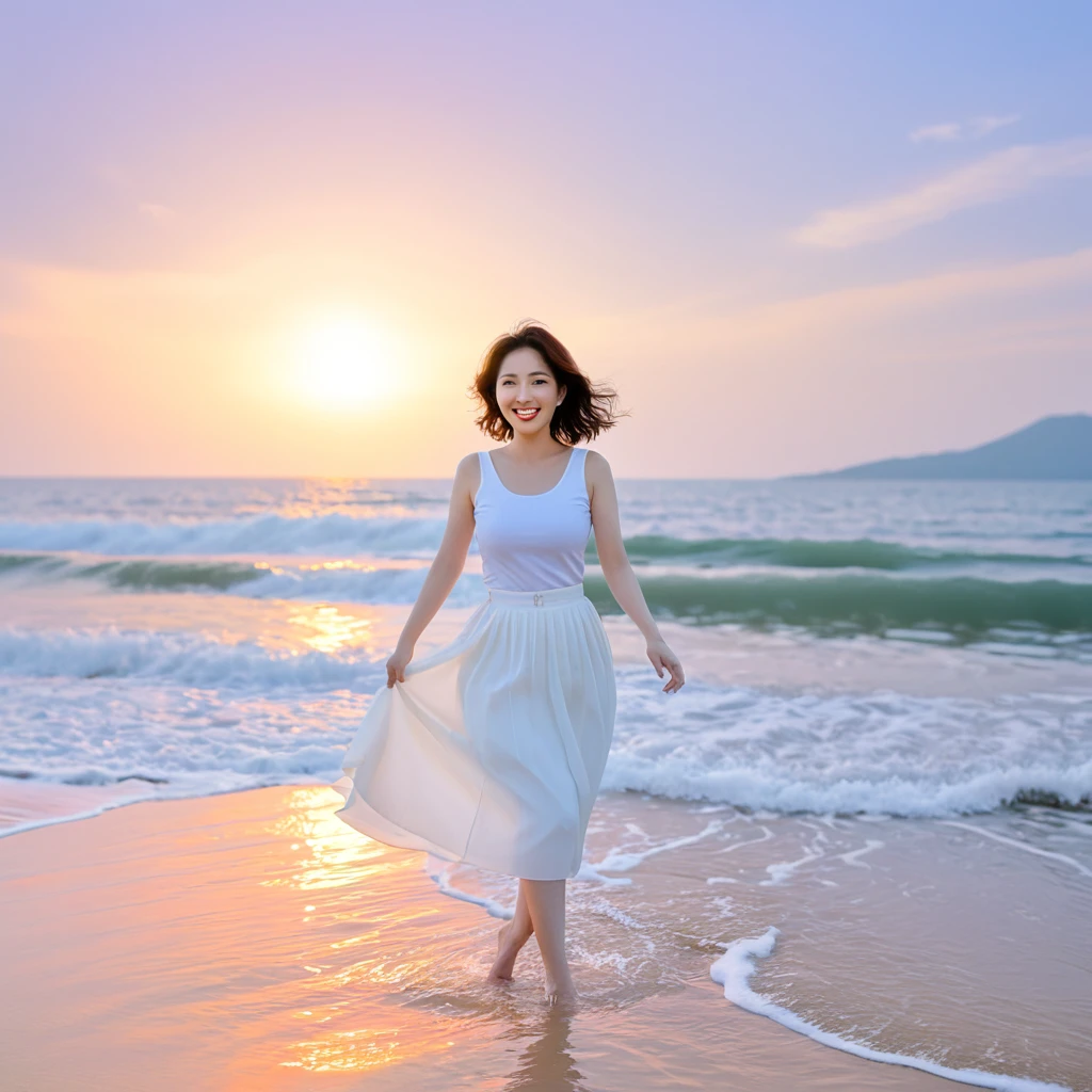 sunset red sun on the beach,A strong lingering scent is reflected in the sea., Beautiful 36-year-old short Korean woman, Chest size 34 inches, Wear white sleeveless, lightweight mid length skirt. beautiful pretty woman look , wearing a light skirt , Go far into the sea water and dip your toes., Short medium hair blowing in the wind, 1 woman, beautiful eyes, Smiling, Full-body photo taken from afar with a wide-angle lens, The background is clean and perfect., the waves are coming, short woman