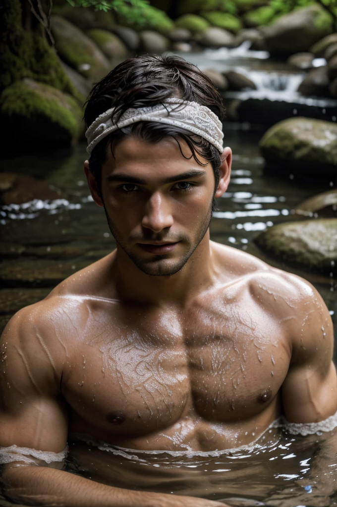 Best Quality, Masterpiece, super high resolution, A super young male model immersed in a hot spring in Japan., outdoor hot springs, stone hot springs, surrounded by moss and trees, super beautiful face, muscular and hairy body, clear pores visible, (SMILE:0.8), using division (lace headband:1.2), (realism:1.5), Photo original, soaked body, covered in sweat, bare torso, in the dark, deep shadows, low key, cold light