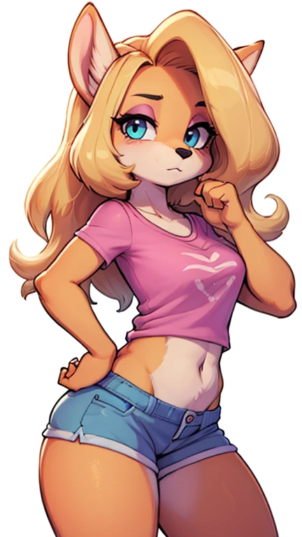 score_9, score_7_up, furry, 1girl, solo, tawna bandicoot, shorts, pink shirt, midriff, large breasts, wide hips, pink background, border, looking to the side, hands in pockets,