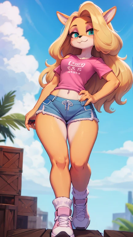 Tawna is wearing her pink shirt and blue shorts 