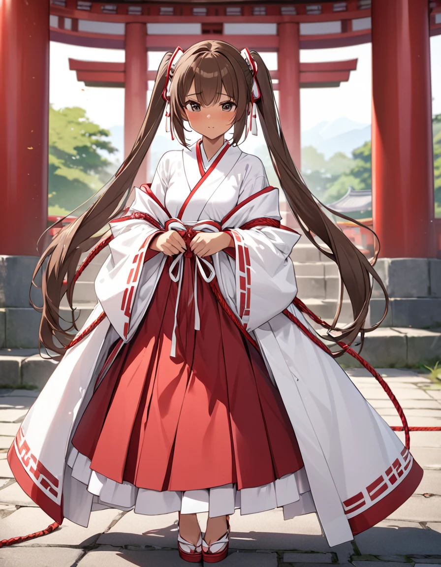 BREAK Perfect Anatomy、(High resolution:1.2)、Incredible illustrations、(Cute illustrations:1.2)、(nfsw)
(cinematic angle,solo focus,) (Beautiful background(Shrine grounds),
1girl(brown hair,twin tails, tanned skin: 1.3) 1girl((a girl,slender 1.7meters, 45kg, (Shrine maiden costume (white coat, scarlet hakama, tabi)(restrained,bondage:3.8,oversized clothes), lingerie),