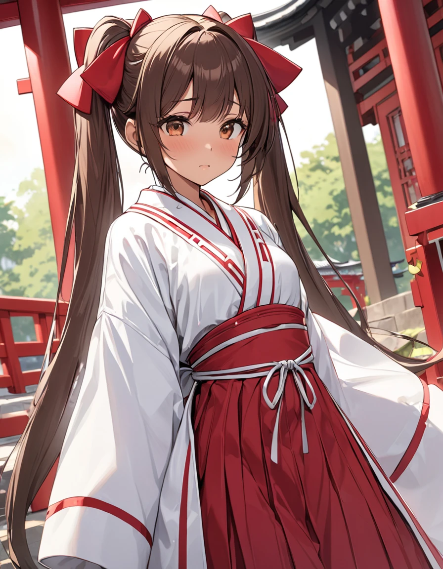 BREAK Perfect Anatomy、(High resolution:1.2)、Incredible illustrations、(Cute illustrations:1.2)、(nfsw)
(cinematic angle,solo focus,) (Beautiful background(Shrine grounds),
1girl(brown hair,twin tails, tanned skin: 1.3) 1girl((a girl,slender 1.7meters, 45kg, (Shrine maiden costume (white coat, scarlet hakama, tabi)(see through,bondage:1.8,oversized clothes), lingerie),