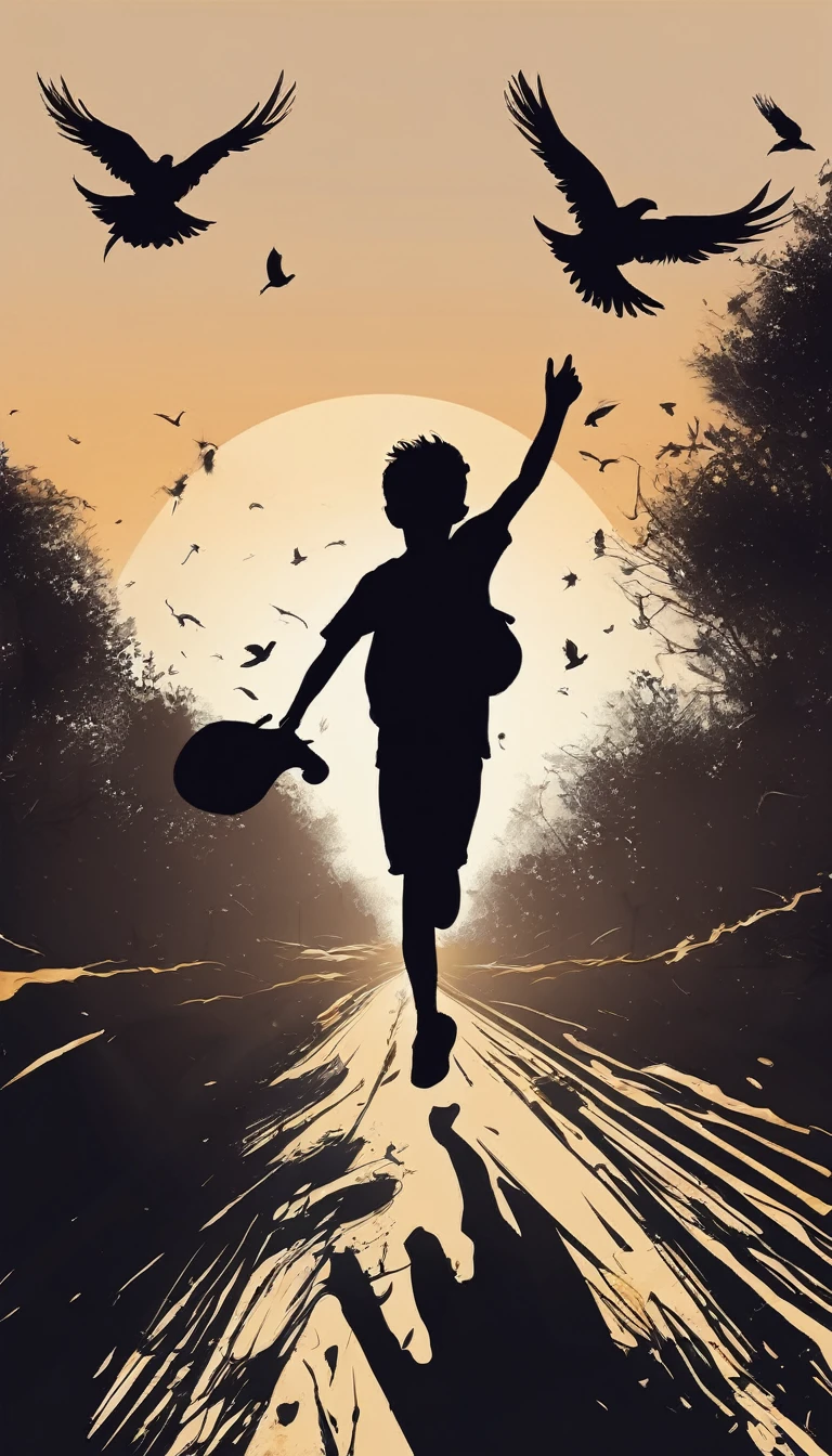 Create a modern, minimalistic logo design for a brand about music and movies called " Penamemoria". The logo must be in minimalistic style and convey a sense of storytelling, dreams and memories. The logo is the silhouette of a boy viewed from the back. The boy is running with open arms, happy and holding an acoustic guitar in the right hand and a bird feather in the left hand while running into the horizon.