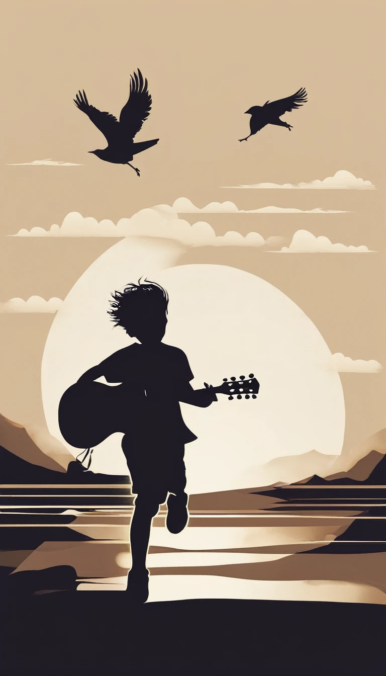 Create a modern, minimalistic logo design for a brand about music and movies called " Penamemoria". The logo must be in minimalistic style and convey a sense of storytelling, dreams and memories. The logo is the silhouette of a boy viewed from the back. The boy is running with open arms, happy and holding an acoustic guitar in the right hand and a bird feather in the left hand while running into the horizon.