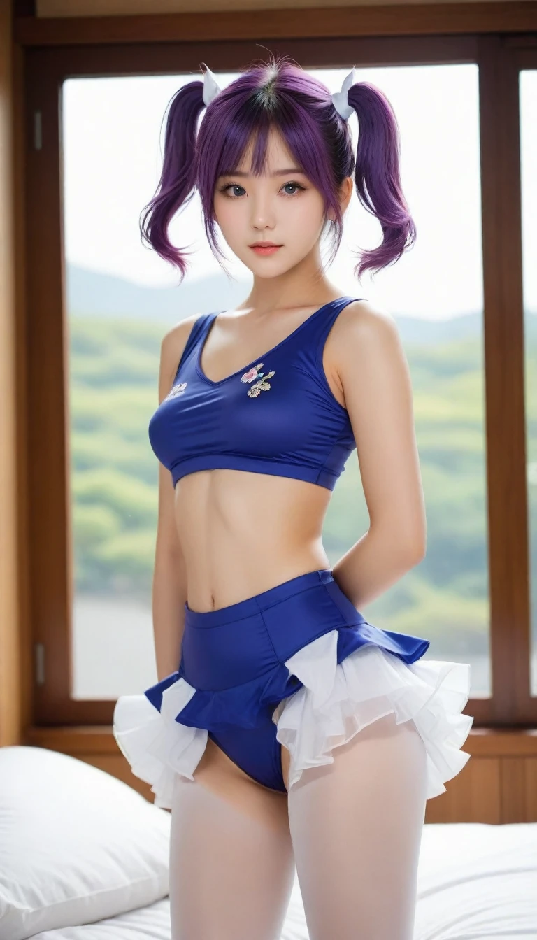 8K, Ultra-high resolution, Highest quality, masterpiece, 三分割法によるphotograph,Surreal, photograph, 1 Girl, (:1.3), pretty girl, Cute face, 細部まin美しい目, In detail,masterpiece,, One Girl:1.2, Japan Female Announcer,  ((Highest quality, 8K, Tabletop: 1.3)),{{Tabletop}},figure,Highest quality,the Extremely Detailed CG Unity 8K Wallpapers,One Girl_一人in,full_body,from_Downに,look up_in_Audience,look up_Down,(White Pantyhose:1.3),(No shoes:1.3),bed,Purple hair,Twin tails,露出したDown着,window,hair_ribbon,Strong Rim Light,Camel Toe,