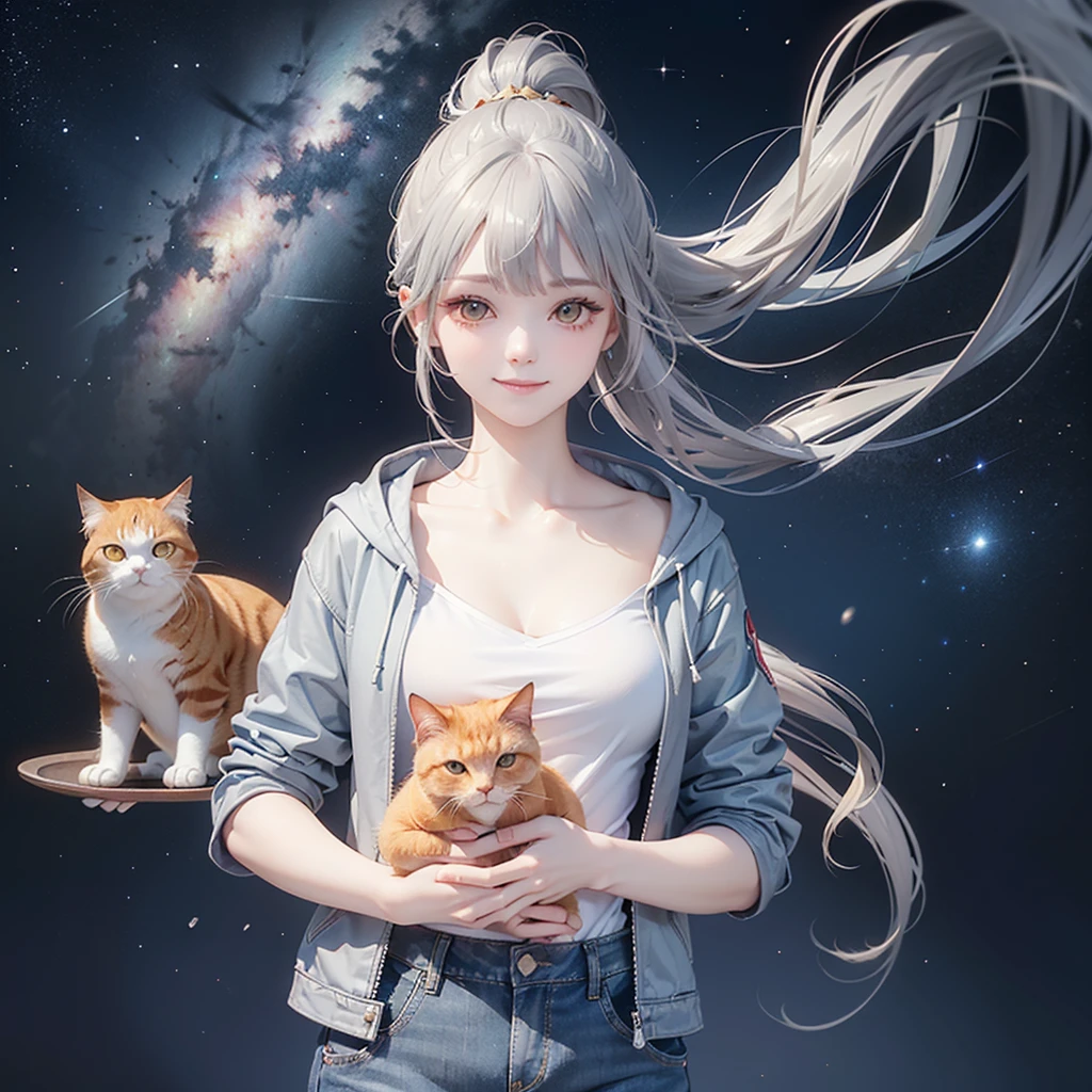 (((Holding a cute orange fat cat with super short legs in both hands，Correct anatomy)))，((Highest quality，masterpiece，一位Mature美女，Super thin air parted bangs，Blue gray high ponytail super long straight hair，Double sideburn curly hair，Hair ends curled in，Gray powder clothes，Light blue denim gray hooded jacket，Exposed clavicle))，((Mature，Smile slightly，Look at the camera head-on))，starry sky galaxy background