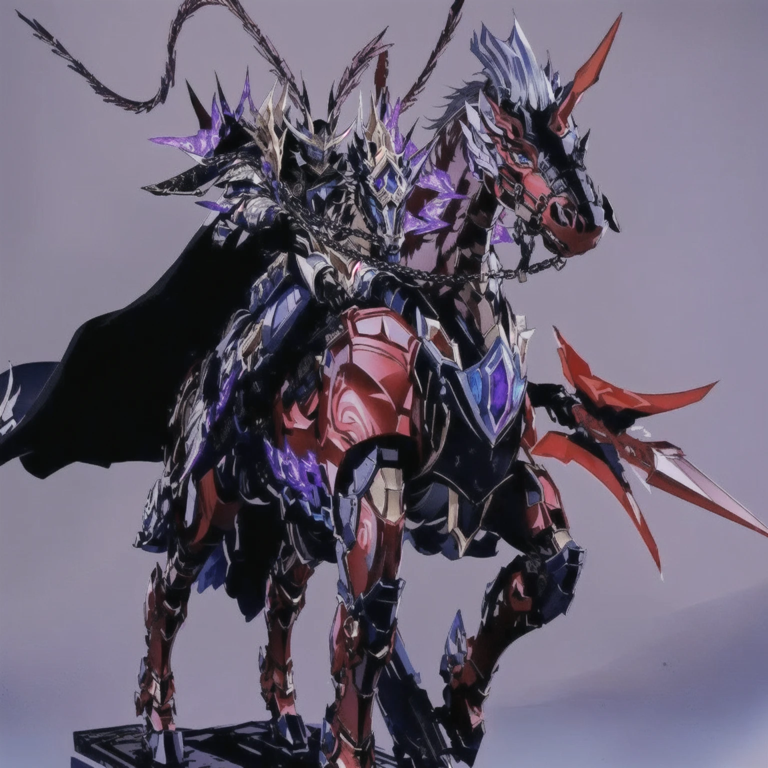 Close-up of a statue of a man on horseback., Full plate of ancient dragon armor, dragon knight, Armor inspired by a demon dragon.,มีชายคนหนึ่งride a horseและมีอัศวินอยู่บนนั้น, Masterpiece, Highest quality, war, Cold Weather, realistic, 1 person, mature man, A quiet and charming young man, 30 years old, ride a horse, Portrait, Highly detailed face, 寒さと smile, ((blue eyes)), ((black short hair)), [Thick eyebrows], holding a crescent repeater,Lipo, ((black long coat)), ((all black)), (blue eyes) ,Short Black Quiff Hair with Soft Fringe, handsome , muscle, Facial expressions, Black Knight Armor , black fur shawl(Masterpiece,best quality,special, (Broad shoulders)) (muscle), male focus,ride a horse,black two handed sword, His black lance rose high., . Describe the man&#39;s appearance., Details of his sword, Characteristics and characteristics of monsters, and convey the tension and power of the encounter.."