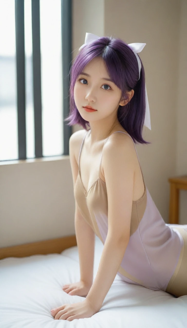 8K, Ultra-high resolution, Highest quality, masterpiece, 三分割法によるphotograph,Surreal, photograph, 1 Girl, (:1.3), pretty girl, Cute face, 細部まin美しい目, In detail,masterpiece,, One Girl:1.2, Japan Female Announcer, ((Highest quality, 8K, Tabletop: 1.3)),{{Tabletop}},figure,Highest quality,the Extremely Detailed CG Unity 8K Wallpapers,One Girl_一人in,full_body,from_Downに,look up_in_Audience,look up_Down,(White Pantyhose:1.3),(No shoes:1.3),bed,Purple hair,Twin tails,露出したDown着,window,hair_ribbon,Strong Rim Light,Camel Toe,