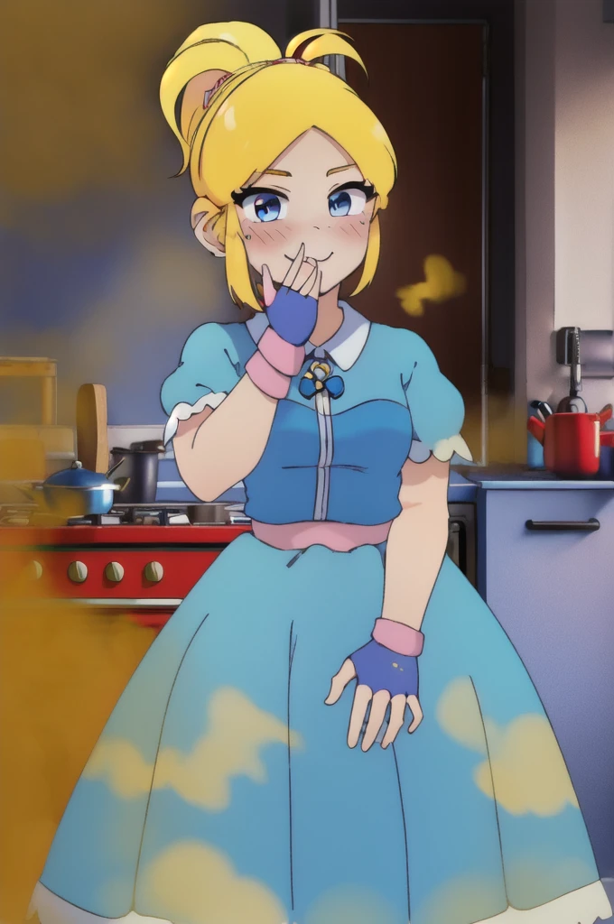 (masterpiece, best quality:1.2), cowboy shot, solo, 1girl, piper, smile, looking at viewer, (hand on own cheek:1.2), blonde hair, ponytail, blue dress, puffy short sleeves, fingerless gloves, kitchen