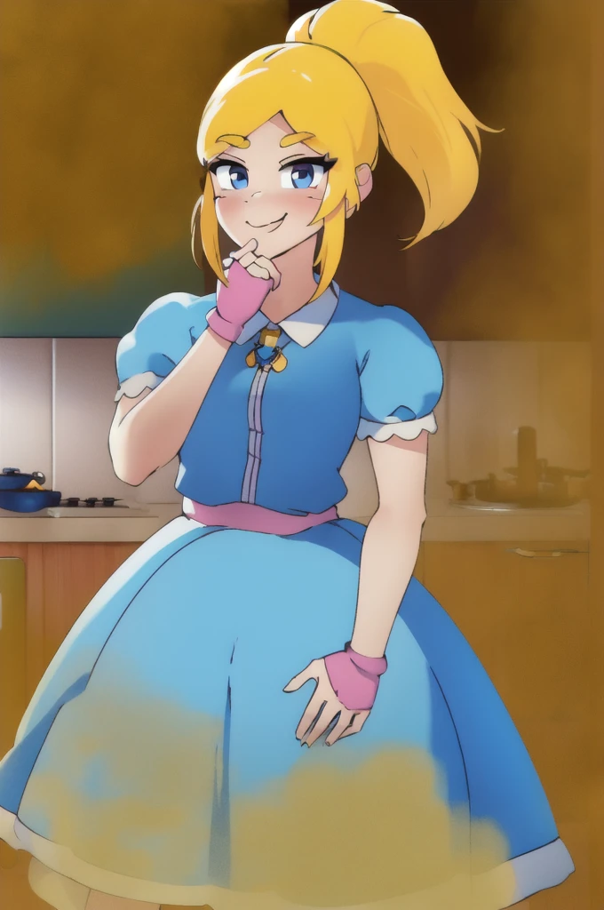 (masterpiece, best quality:1.2), cowboy shot, solo, 1girl, piper, smile, looking at viewer, (hand on own cheek:1.2), blonde hair, ponytail, blue dress, puffy short sleeves, fingerless gloves, kitchen