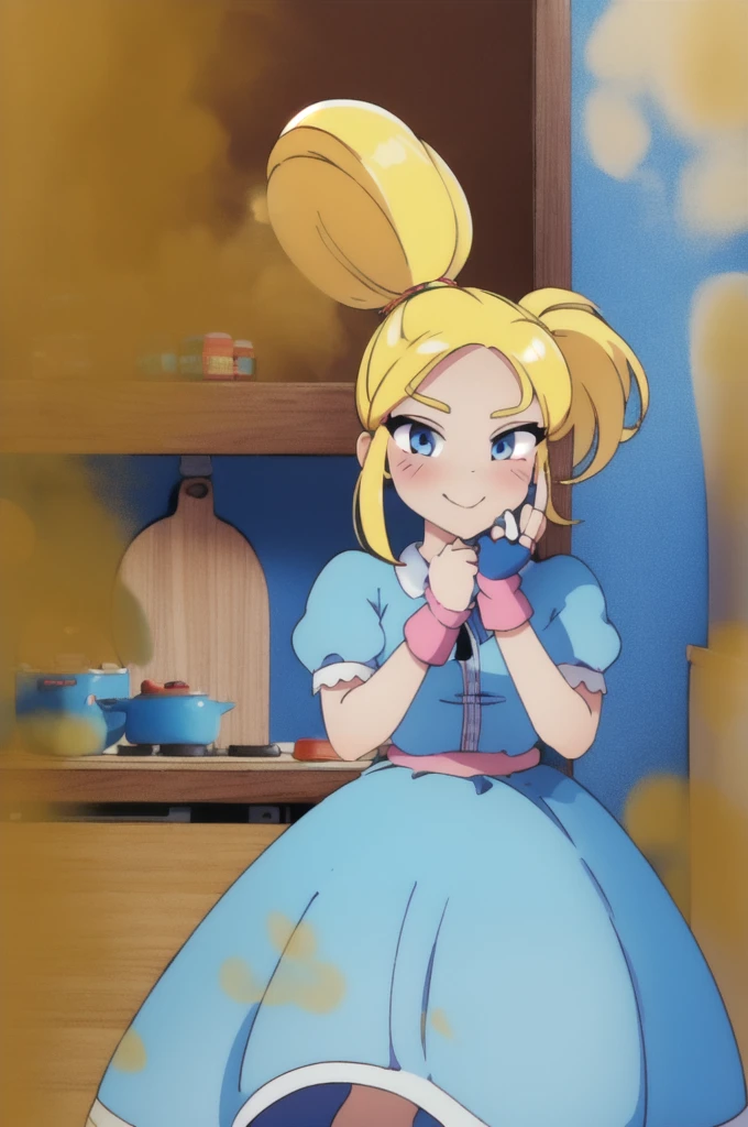 (masterpiece, best quality:1.2), cowboy shot, solo, 1girl, piper, smile, looking at viewer, (hand on own cheek:1.2), blonde hair, ponytail, blue dress, puffy short sleeves, fingerless gloves, kitchen