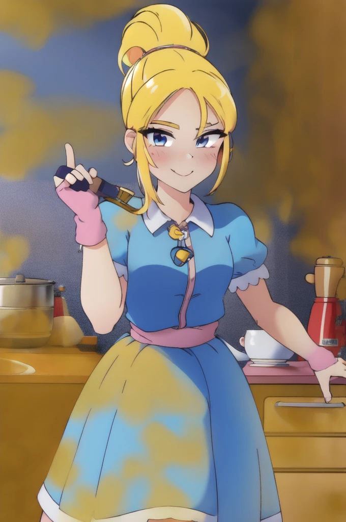 (masterpiece, best quality:1.2), cowboy shot, solo, 1girl, piper, smile, looking at viewer, (hand on own cheek:1.2), blonde hair, ponytail, blue dress, puffy short sleeves, fingerless gloves, kitchen