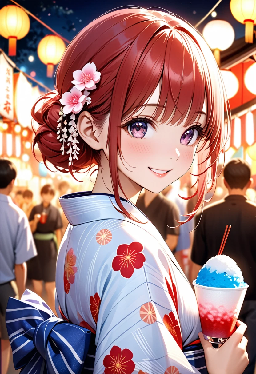 A girl is smiling while eating shaved ice at a summer festival.The girl is very cute and youthful, Red twin-tailed hair,Wearing a barrette on a kimono.The girl is wearing a yukata with a beautiful pink pattern.Holding a shaved ice with red syrup, he flashes a proud smile at the camera.Summer festival background with summer festival night stalls lined up,The lights of the night stalls and lanterns make the girls look beautiful.The beauty, luster and texture of the girl's hair, the cuteness of her face and the beauty of her skin, the texture of the yukata based on the Japanese tradition,The beauty and texture of the obi,The beauty of the light on the shaved ice,The fantastic beauty of the lights at night stalls and festivals,Back view, girl looking at camera.Realistic,Super realistic,(High quality, high definition, masterpiece, best quality, 4k, 8k:1.2).Ultra detail,Cinema lighting, ultra-fine painting,Super Fine View,Professional photography,beautiful girl