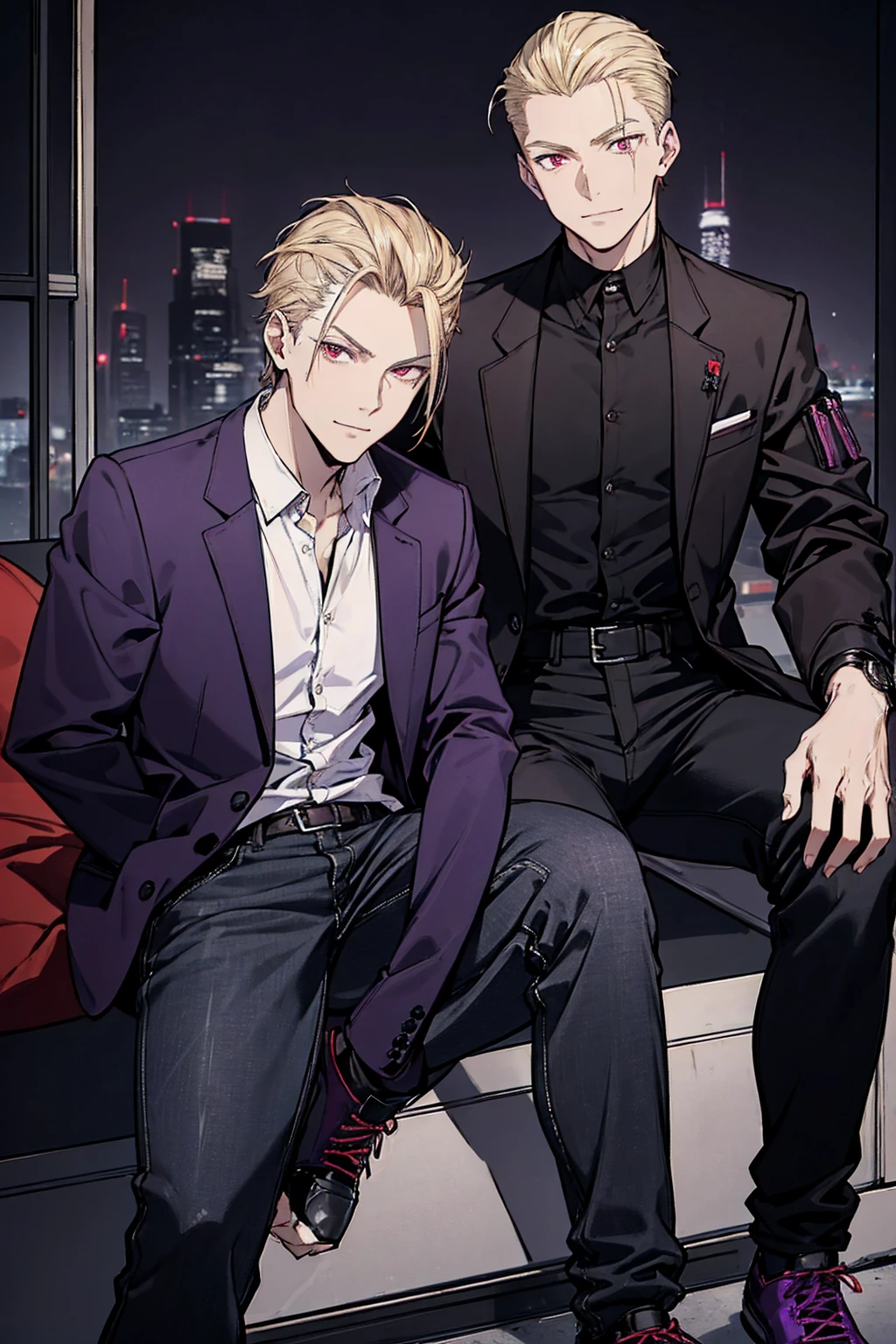 Tall, tannish, handsome male, fit and lean, red eyes, slicked back blonde hair, light stubble, wearing black collared jacket with purple and black checkered undershirt, wearing baggy jeans, purple and black high tops, has golden watch, and cocky smile, sitting in the dusk of night.