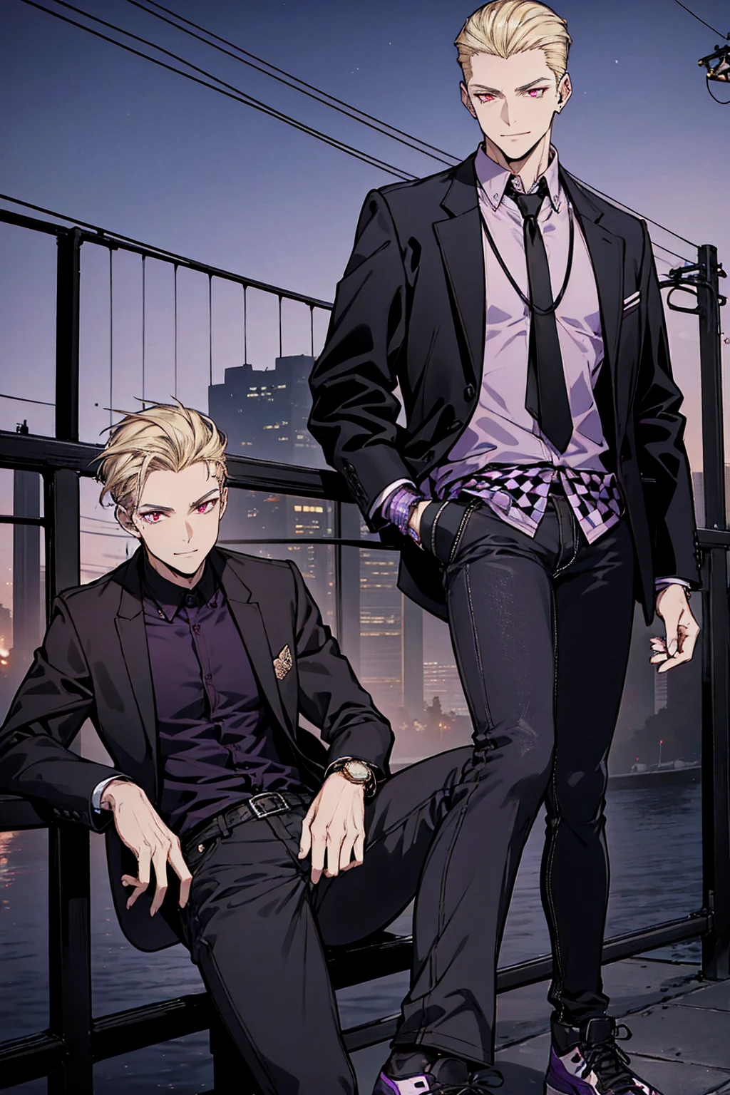 Tall, tannish, handsome male, fit and lean, red eyes, slicked back blonde hair, light stubble, wearing black collared jacket with purple and black checkered undershirt, wearing baggy jeans, purple and black high tops, has golden watch, and cocky smile, sitting in the dusk of night.