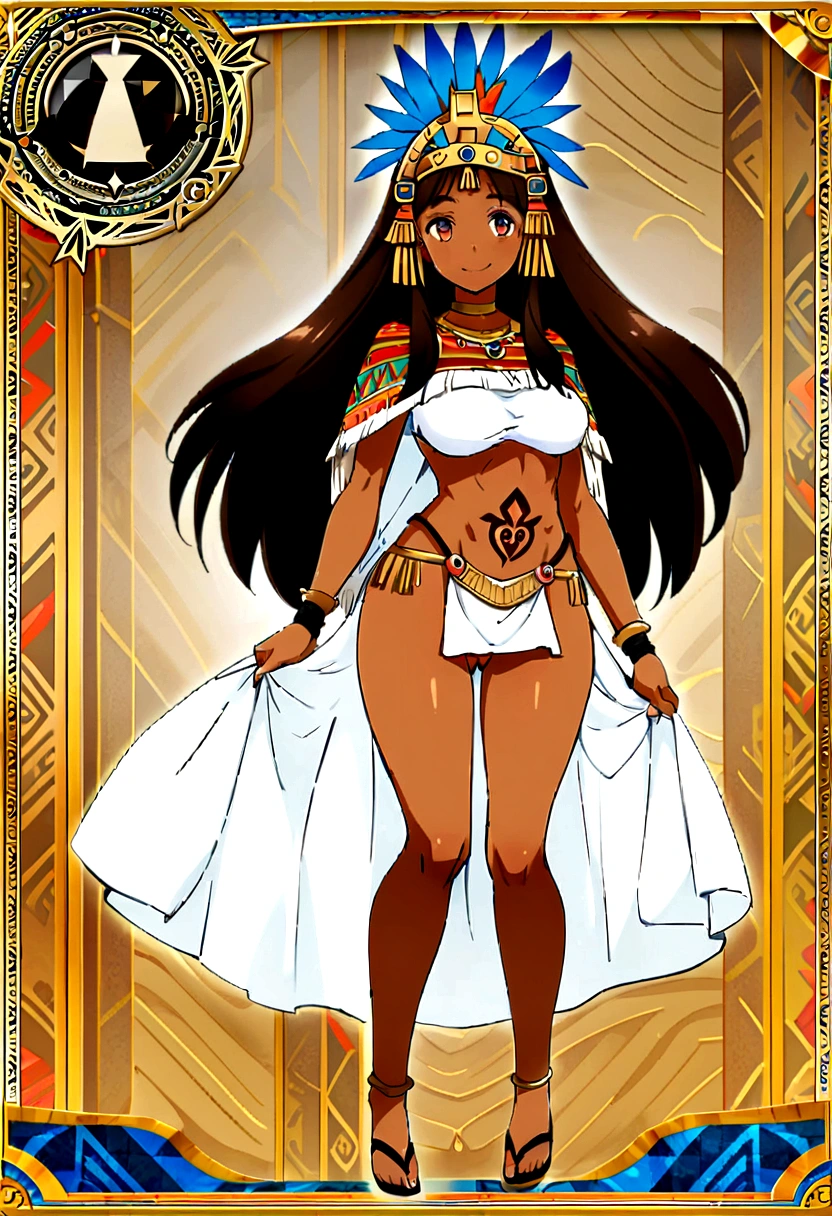anime girl, standing, tribal clothing, big breasts, short hairstyle, feathers in hair, Dark skin