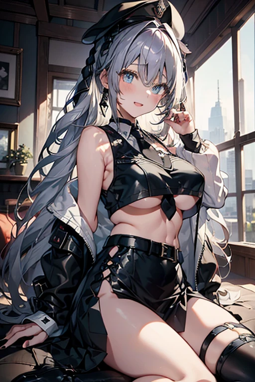 (masterpiece:1.2), (Military uniform magazine cover:1.4),best quality,PIXIV,Sweet girl , sexy posture,1girl, (perky chest:1.2), rolling upskirt by wind:1.6, (with sparkling eyes and a contagious smile),open mouth, (pointed chest:1.2),fishnets, black hair, boots, long hair, black nails, skirt, shirt, solo, black footwear, bag, black skirt, jewelry, jacket, on head, black jacket, thigh strap, bangs, necktie, earrings, nail polish, multicolored hair, looking at viewer, full body, bottle, own hands together, belt, jacket on shoulders, food, cats on head, black necktie, ring, choker, english text, collared shirt, blue eyes, platform boots, hat, lace-up boots ,masterpiece、highest quality、Very detailed、An illustration、Beautiful fine details、One Girl、cute、Detailed landscape、Training Room Background:1.4、Platinum Blonde Hair、Braided Ponytail、Red camisole、((D cup breasts, Tank top showing underboob:1.3))