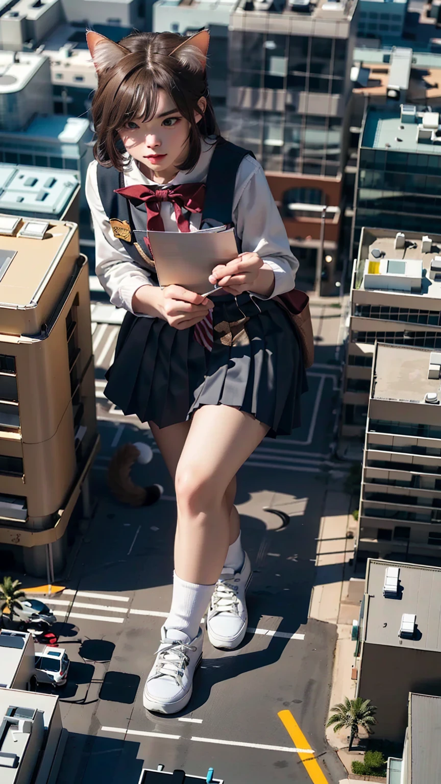 (Highest quality, masterpiece:1.2), pressure, Giant,  aerial photograph, Building Sheet, Make the city smaller, 1 High school girl, Main cat, Depth of written boundary, High resolution, 超High resolution, 8K, Very detailed, Realistic, Sun light, Pleated skirt, Smoke billows, Aerial perspective, 超Realisticな