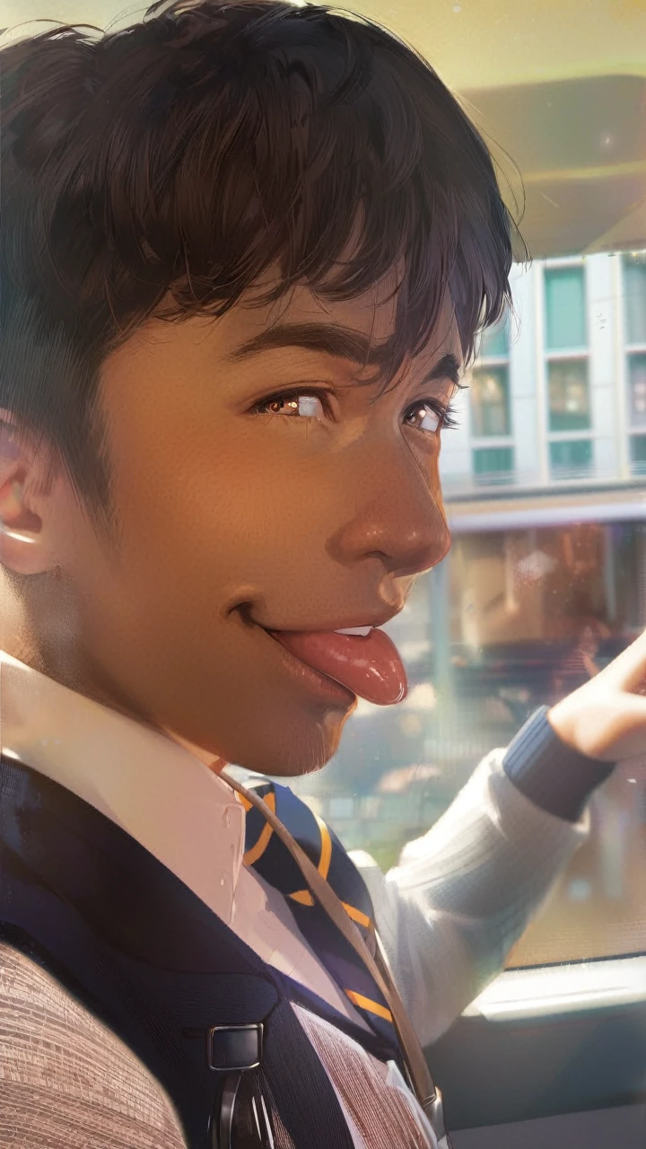 Asian boy on the bus, 1boy, short dark brown hair, brown eyes, school shirt, window, smile tongue out face, looking at the viewer, anime, high quality, 8k