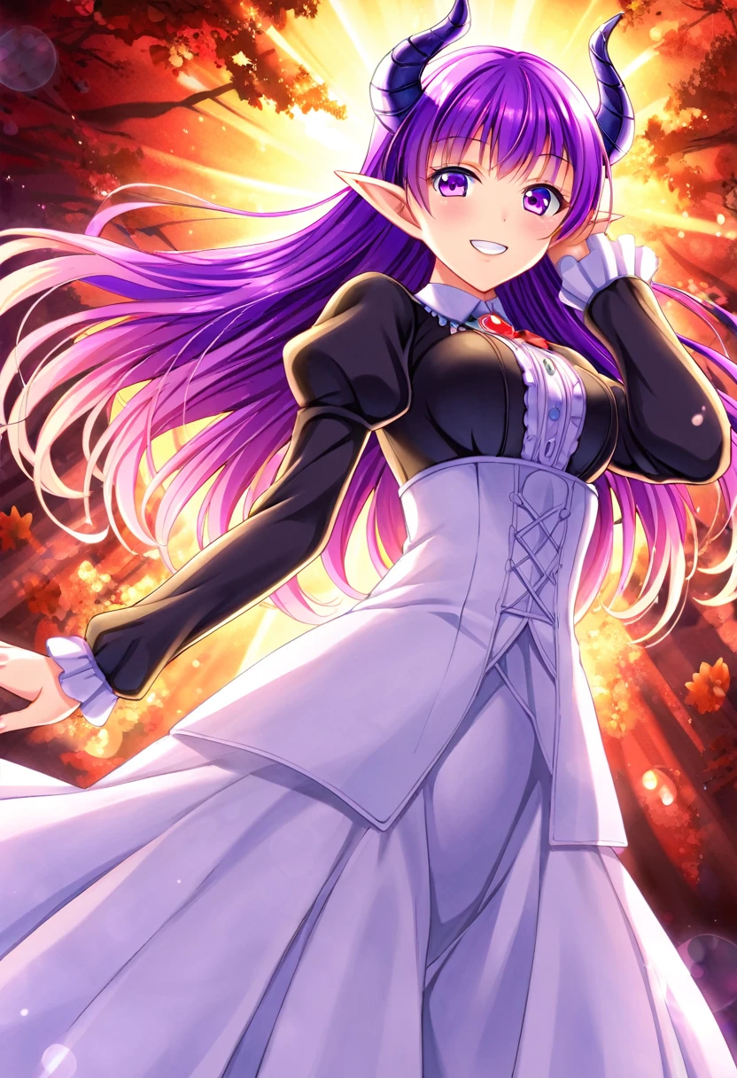 masterpiece, Highest quality, Very detailed, High resolution, An expensive solution, High resolution, masterpiece, depth, Fine texture, Highest quality, Total concentration, (very pretty anime Elf Girl), (Beautiful Gothic Elf Woman, Young Elves, Elf Girl, pretty girl, Young girl),Has horns on its headがある, Grin, smile, (A chic dress with beautiful details, Fluffy long sleeves, ), Purple eyes, Long eyelashes, Low angle shot、eyeliner, Tight waist, ( Purple Hair), (Light Hair, Long Hair), bangs, Gradient Hair), Shiny Hair,  Forest as a background, Fantasy art, 8k high quality detailed art, A fusion of realism and colorful fantasy, Gothic art style, Fantasy art style, a beautiful fantasy Young Elves, CGI anime Fantasy artwork, charm,  Seductive posture, Standing posture,Vibrant colors, 自信に満ちたsmile, gentle smile, Beautiful attention to detail, Beautiful lip detail, Very detailed目と顔, Long eyelashes, Vibrant colors, Professional, Very detailedな, Intricate details, Volumetric lighting, Lens flare, particle,(White and platinum color scheme), mysterious, mysteriousな.Has horns on its head,Standing posture、Low angle shot