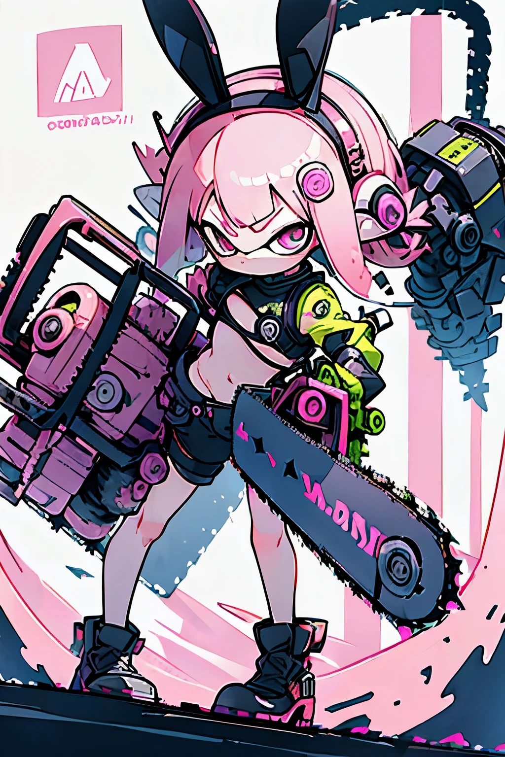 Best image quality,(Highest quality:1.1),(Super detailed:1.1), Cowboy Shot, Real Anime、3d、 (One Splatoon Woman, Women in punk fashion, Pink tentacle hair, Other shaving, Sharp eyes, Golden eyes, Glaring expression), gigantic breast、Cleavage、 (open black leather jacket, Rabbit illustration, Low rise denim shorts that reveal your navel, Previous open shorts、Black work boots), (Has a chainsaw:1.5),Dynamic pose, Dynamic Angle, Outdoor Background,