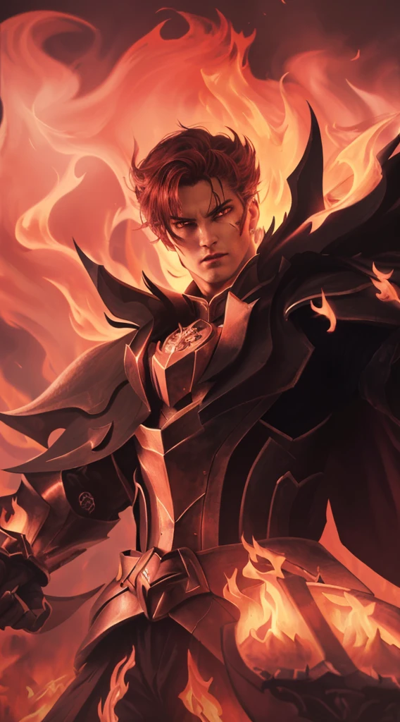 a close up of a man with a sword and a fire, red hair, ruler of inferno, infernal enigma, dragon knight, the former demon king, demon male, portrait of hades, (best quality,4k,8k,highres,masterpiece:1.2),ultra-detailed,(realistic,photorealistic,photo-realistic:1.37),highly detailed face and eyes,extremely detailed facial features,extremely detailed eyes,sharp focus,physically-based rendering,vivid colors,dramatic lighting,dark fantasy,dark art,chiaroscuro,dramatic color palette,cinematic lighting,moody atmosphere,mystical,occult,supernatural,dark powers,demonic,hellfire,infernal,scorching flames,blazing fire,glowing embers,intense shadows,dramatic pose,powerful stance