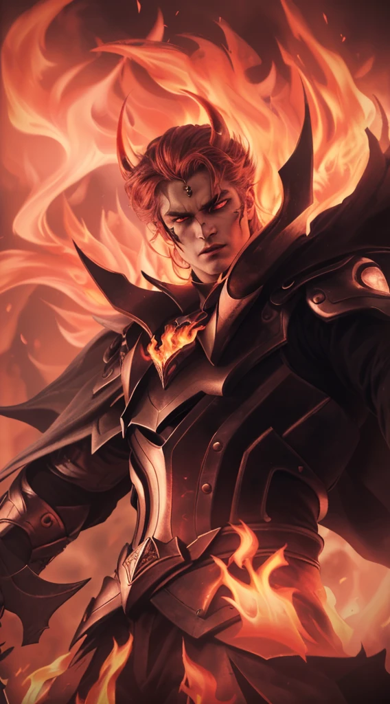 a close up of a man with a sword and a fire, red hair, ruler of inferno, infernal enigma, dragon knight, the former demon king, demon male, portrait of hades, (best quality,4k,8k,highres,masterpiece:1.2),ultra-detailed,(realistic,photorealistic,photo-realistic:1.37),highly detailed face and eyes,extremely detailed facial features,extremely detailed eyes,sharp focus,physically-based rendering,vivid colors,dramatic lighting,dark fantasy,dark art,chiaroscuro,dramatic color palette,cinematic lighting,moody atmosphere,mystical,occult,supernatural,dark powers,demonic,hellfire,infernal,scorching flames,blazing fire,glowing embers,intense shadows,dramatic pose,powerful stance